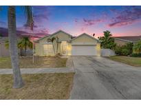 Charming single-story home featuring a two-car garage, tropical landscaping, and a well-manicured lawn at sunset at 221 Lakeway Ln, Apollo Beach, FL 33572