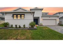 Charming two-story home with landscaped yard, brick driveway, and attached two-car garage at 8946 Ivy Stark Blvd, Wesley Chapel, FL 33545