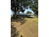 Charming single-story home with a metal roof, stone siding, and a spacious front yard shaded by mature trees at 125 S Wiggins Rd, Plant City, FL 33566