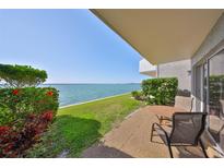 Enjoy waterfront views from the private patio with seating, overlooking lush landscaping and the bay at 1301 Gulf Blvd # 107, Clearwater Beach, FL 33767