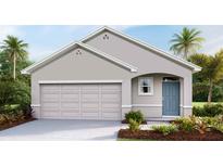 Charming single-Gathering home features a two-car garage, a well-maintained lawn, and a welcoming light-blue front door at 5539 Warrington Town Path, Wesley Chapel, FL 33545