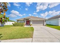 Charming home featuring a well-manicured lawn, clean driveway, and a two-car garage, set beneath a bright, cloudy sky at 14417 Barley Field Dr, Wimauma, FL 33598