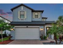 Charming two-story home featuring a brick driveway, two-car garage, and beautifully landscaped front yard at 4719 Tramanto Ln, Wesley Chapel, FL 33543