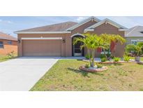 Charming home features a well-manicured lawn, mature palm trees, and a two-car garage, offering a welcoming curb appeal at 711 Parker Den Dr, Ruskin, FL 33570