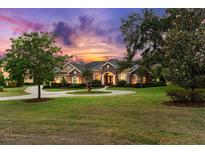 Stunning exterior view of home featuring beautiful landscaping, circular drive, and stone accents under a colorful sky at 10614 Low Oak Terrace, Thonotosassa, FL 33592