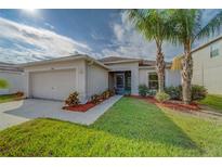 Charming single-story home featuring a well-manicured lawn, lush landscaping, and lovely palm trees at 15430 Long Cypress Dr, Ruskin, FL 33573