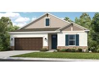 Charming single-Gathering home featuring a two-car garage, manicured lawn, and a blend of stone and neutral siding at 731 Sky Shade Dr, Apollo Beach, FL 33572