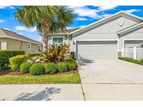 Charming single-Gathering home featuring a well-manicured lawn, mature landscaping, and a two-car garage at 7405 Stonebrook Cir, Wesley Chapel, FL 33545