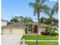 Charming single-story home with a well-manicured lawn and mature palm trees, creating an inviting curb appeal at 10213 Lockwood Pines Ln, Tampa, FL 33635
