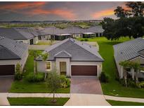 Beautiful aerial view of a home with lush green lawn and mature trees in a quiet neighborhood at 10446 Tupper Cay Dr, San Antonio, FL 33576
