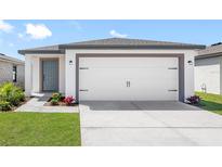 Charming single-story home featuring a spacious two-car garage, blue front door, and well-maintained landscaping at 116 Hallam Ct, Spring Hill, FL 34606