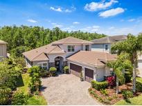 Stately home boasts a three-car garage, tile roof and an expansive brick paver driveway at 31050 Spruceberry Ct, Wesley Chapel, FL 33543