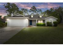Charming single-story home with a two-car garage, manicured lawn, and colorful landscaping at 8408 Nuzum Rd, Brooksville, FL 34613