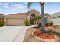 Charming single-story home with landscaped front yard and attached two-car garage at 12531 Midpointe Dr, Riverview, FL 33578