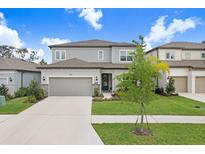 Two-story home featuring a well-manicured lawn, a gray garage door, and a gray and white color scheme at 14184 Samoa Hill Ct, Riverview, FL 33569