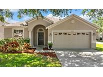 Charming single-Gathering home featuring a well-manicured lawn and a two-car garage in a suburban neighborhood at 18816 Narimore Dr, Land O Lakes, FL 34638