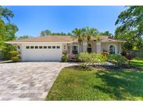 Charming single-story home with a manicured lawn and a driveway made of decorative pavers at 12503 Bronco Dr, Tampa, FL 33626