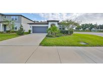 Charming home featuring a well-manicured lawn, gray two-car garage and delightful landscaping at 36959 Highland Meadows Ct, Zephyrhills, FL 33542