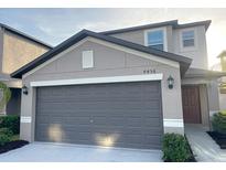 Two-story home showcasing a gray garage door with an entrance on the right, under a partly cloudy sky at 4456 Globe Thistle Dr, Tampa, FL 33619