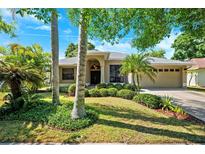 Beautiful home featuring lush landscaping, manicured lawn, and a welcoming entrance with a two-car garage at 1118 Captains Way, Tarpon Springs, FL 34689