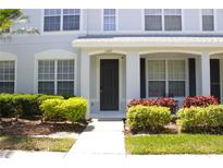 Inviting townhome entrance with manicured landscaping and a charming, covered front door at 11622 Declaration Dr, Tampa, FL 33635