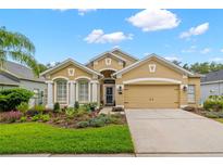Charming one-story home featuring a well-manicured lawn, beautiful landscaping, and attached two-car garage at 15417 Martinmeadow Dr, Lithia, FL 33547