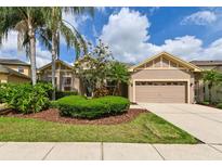 Charming single-story home with manicured front lawn, mature landscaping, and two-car garage in a desirable neighborhood at 3254 Grassglen Pl, Wesley Chapel, FL 33544