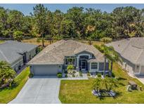 Beautiful single-story home featuring a well-manicured lawn, mature landscaping, and neutral gray tones at 9723 Rolling Cir, San Antonio, FL 33576