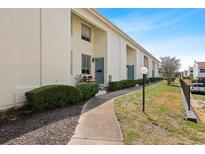 Exterior view of a modern townhome with a blue front door and well-maintained landscaping at 4306 La Mora Ct, Tampa, FL 33611