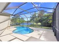 Screened pool with lake view offers a relaxing backyard oasis for tranquil outdoor living and entertaining at 11644 Meridian Point Dr, Tampa, FL 33626