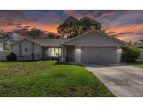 Charming single-story home featuring a well-maintained lawn and attached two-car garage with a beautiful sunset sky at 3074 Dothan Ave, Spring Hill, FL 34609