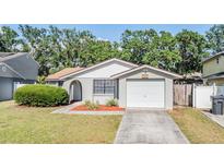 Charming single-story home with a well-maintained lawn and attached one-car garage at 16309 Caliente Pl, Tampa, FL 33624