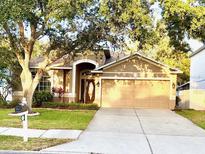 Charming single-story home with a two-car garage and well-manicured front yard and mature tree at 1765 Oak Pond Ct, Oldsmar, FL 34677