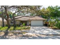 Charming single-story home with stone accents, well-maintained lawn, and two-car garage at 7402 America Way, New Port Richey, FL 34654