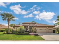 Charming one-story home featuring manicured landscaping, a three-car garage and tropical palm trees at 20632 Broadwater Dr, Land O Lakes, FL 34638