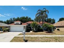 Charming single-story home featuring a well-manicured lawn, palm trees, and an attached two-car garage at 923 Tuscanny St, Brandon, FL 33511
