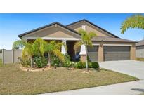 Charming single-story home featuring a well-maintained lawn and a two-car garage at 5457 Leslie Canyon Dr, Wimauma, FL 33598