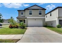 Charming two-story home with a well-manicured lawn, colorful landscaping, and a two-car garage on a sunny day at 9907 Spanish Lime Ct, Riverview, FL 33578