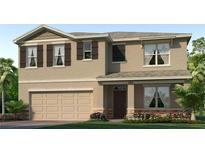 Two-story home featuring neutral siding, brown shutters, a two-car garage and a stone accented front porch at 32698 Osprey Peak Way, San Antonio, FL 33576