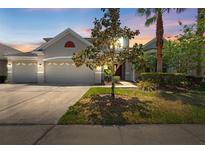 Charming home featuring a three-car garage, manicured landscaping, and a picturesque setting at sunset at 10511 Mistflower Ln, Tampa, FL 33647