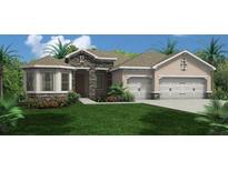 Charming single-Gathering home featuring a stone facade, two-car garage and a well manicured green lawn at 712 Estates Blvd, Tarpon Springs, FL 34689
