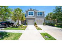 Charming townhome with a two-car garage, palm trees, and well-maintained landscaping at 10127 Newel Valley Loop, Riverview, FL 33569