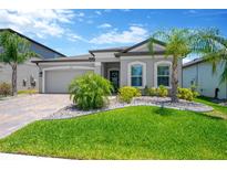 Charming single-story home with a well-manicured lawn and tropical landscaping at 3078 Marine Grass Dr, Wimauma, FL 33598