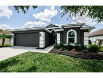 Charming single-story home with a well-manicured lawn and a gray two-car garage at 382 Tavernier Cir, Oldsmar, FL 34677