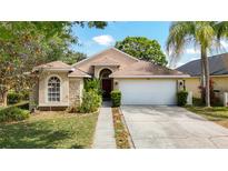 Charming single-story home with a well-manicured lawn, stone accents, and a two-car garage at 19227 Garden Quilt Cir, Lutz, FL 33558