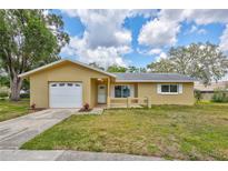 Charming single-story home with a well-maintained lawn, attached garage, and inviting front entrance at 2961 Briar Cliff Dr, Palm Harbor, FL 34684
