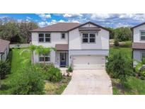 Charming two-story home featuring a well-manicured lawn and attached two car garage at 12905 Brookside Moss Dr, Riverview, FL 33579