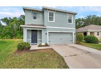Charming two-story home with a gray exterior, two-car garage, and well-maintained landscaping at 32775 Brooks Hawk Ln, Wesley Chapel, FL 33543