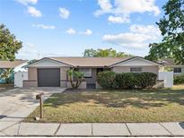 Charming single-story home featuring a well-kept lawn and a gray, one-car garage at 9218 Glen Moor Ln, Port Richey, FL 34668