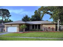 Charming single-story home with a well-maintained lawn, attached garage, and mature landscaping at 915 Rolling Hills Dr, Palm Harbor, FL 34683